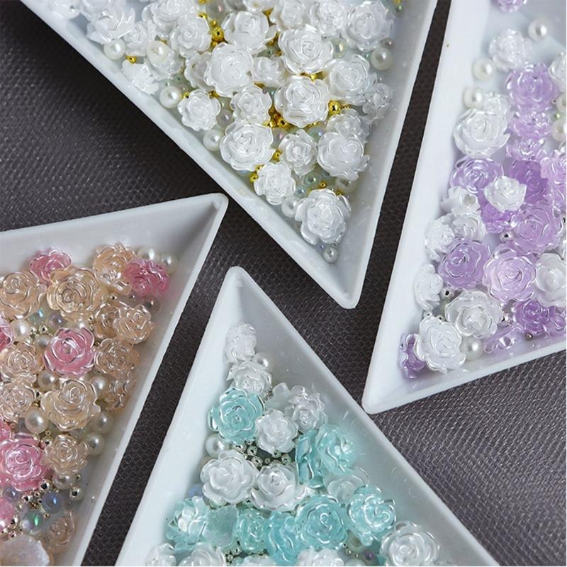 50Pcs Rose Flower Nail Art Decorations with Mini Pearls Resin Flower Nail Art Charms for DIY Acrylic Nails Bride Nail