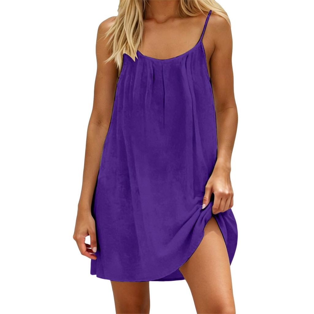 Women's Spaghetti Strap Loose Fit Mini Dress Casual Summer Solid Color Sundress