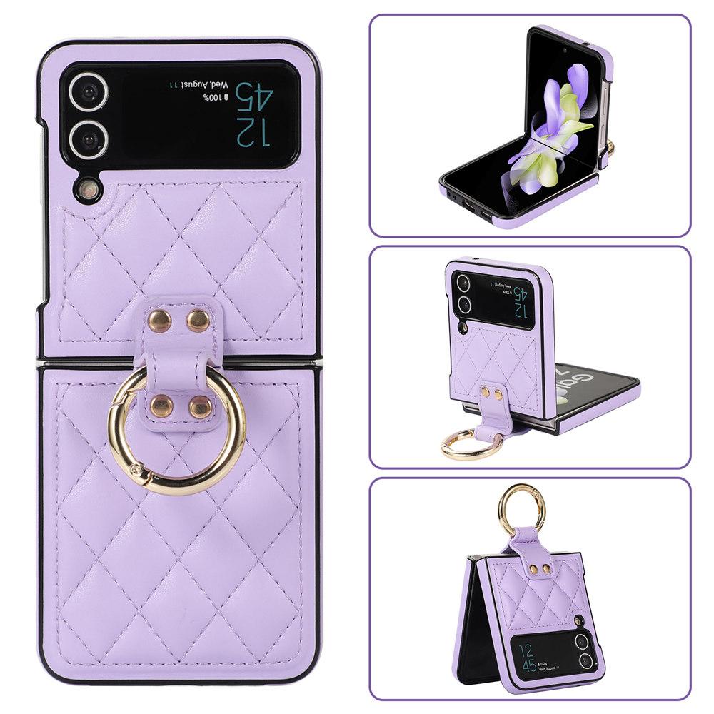 Leopard Print Ring Phone Case For Samsung Galaxy Z Flip 7 6 Flip 5 Flip 4 3 Rhombic Leather Cover Coque