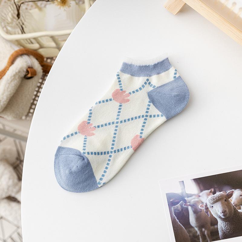 

Женские тонкие кружевные короткие носки-следки на весну и лето, хлопковые носки в стиле колледж с синим мультяшным цветком, впитывающие пот невидимые носки 1 pair