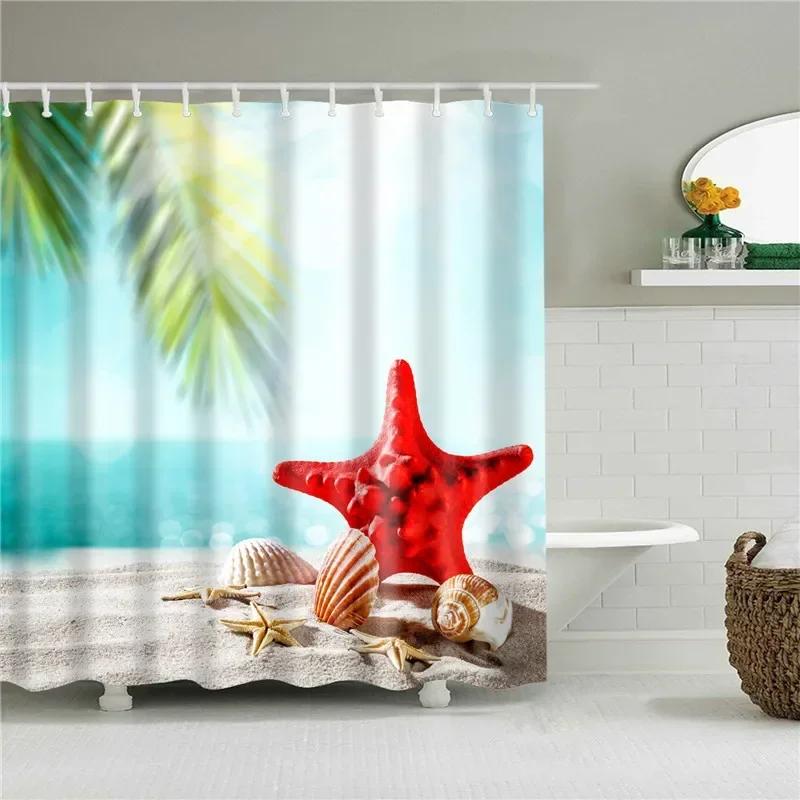 3D Scenic Landscape Seaside Beach Trees Flowers Shell Bath Curtain Shower Curtains for Bathroom Waterproof Polyester Frabic Hook