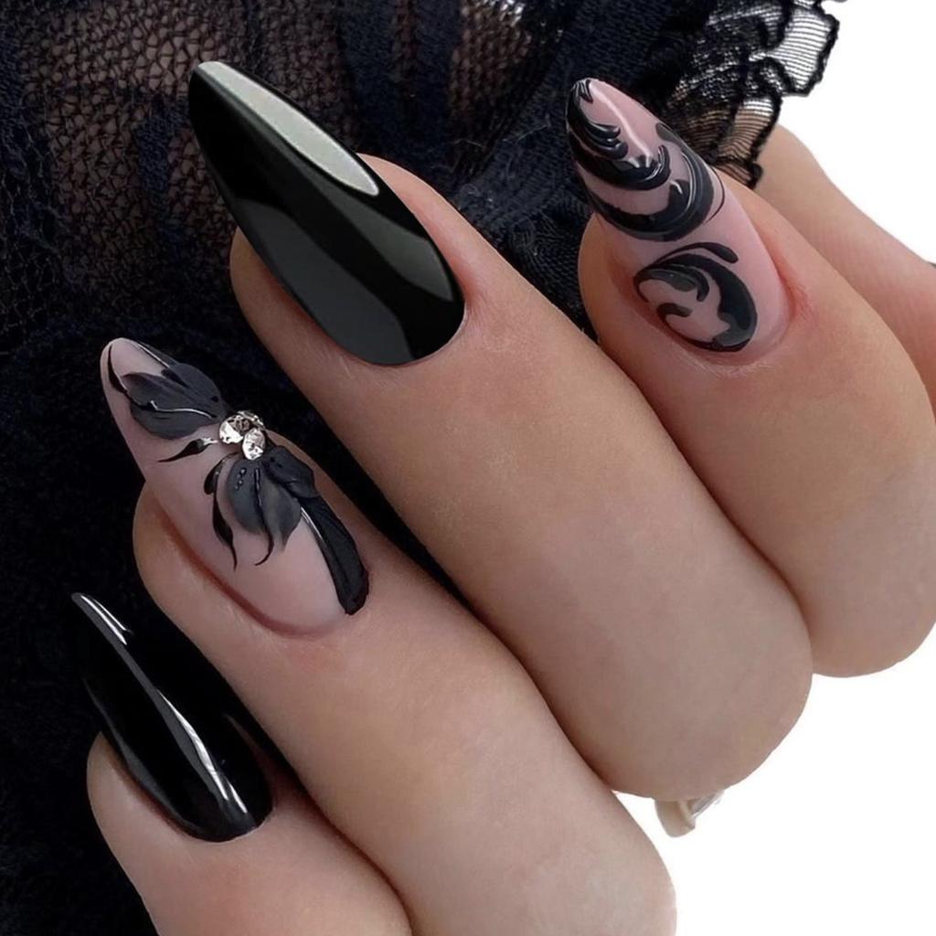 24Pc False Nails with Glue Almond Black Red Gradient Design Detachable Rhinestone Acrylic Fake Nail Long Stiletto Press on Nails
