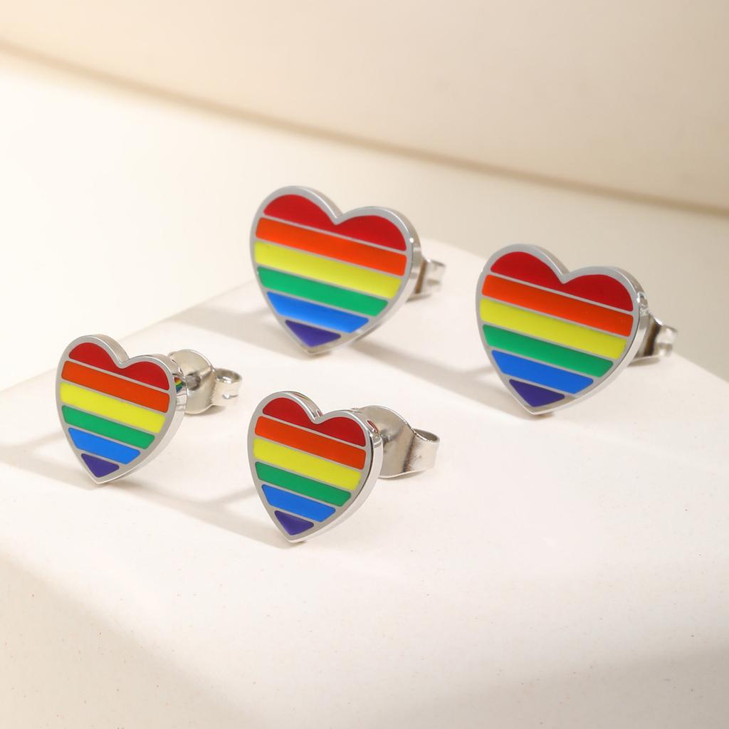 Vnox Stainless Steel Rainbow Heart Earrings For Women,Dainty Women's Stud Earring,Fashion Jewelry With Metallic Shine Party Wear