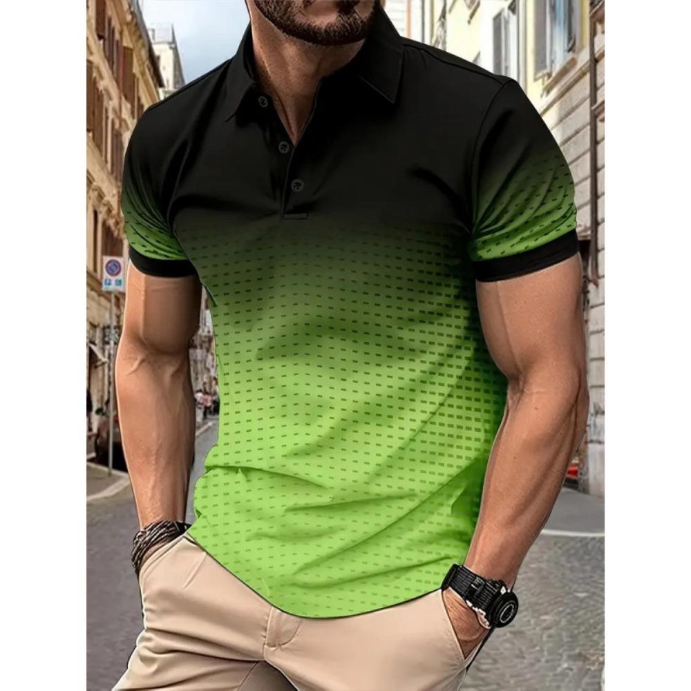 Summer Color Blocked Gradient Top, European and American Daily Casual Lapel Short Sleeved Polo Shirt for Men