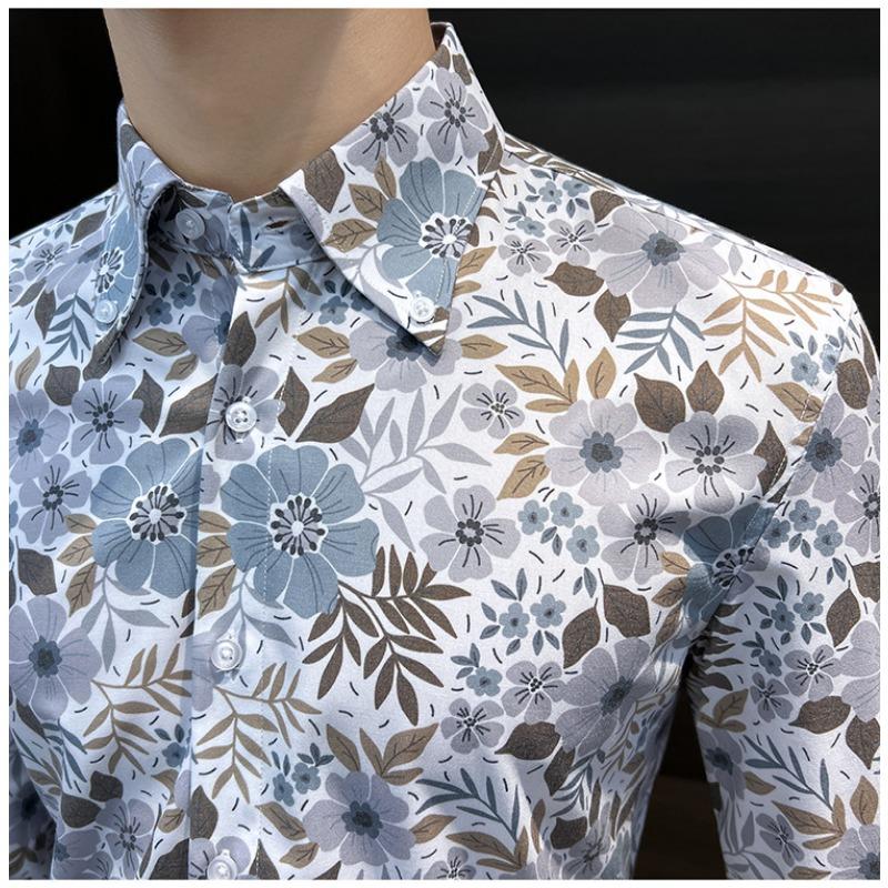 Men's Floral Print Long Sleeve Button Up Shirt Casual Slim Fit Fashion Top for Daily Wear