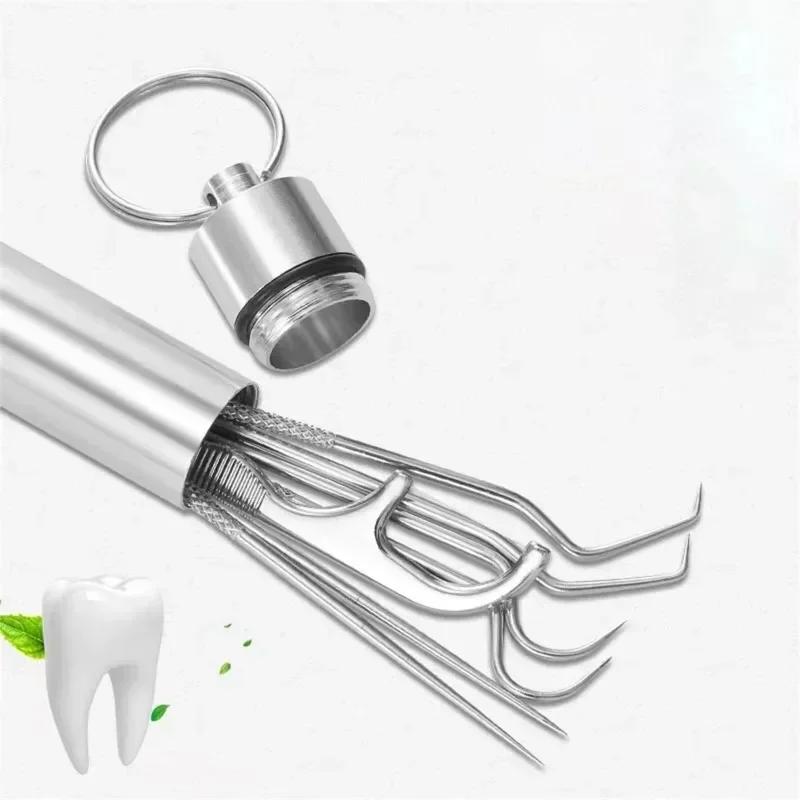 7pc/1set Stainless Steel Toothpicks Pocket Set With Keychain Reusable Metal Teeth Cleaner Tools Portable Nursing Care Tools