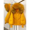 Womens Hooded Down Coat With Raccoon Fur Trim Knit Sleeve Loose Fit Mid-Length Warm Winter Jacket