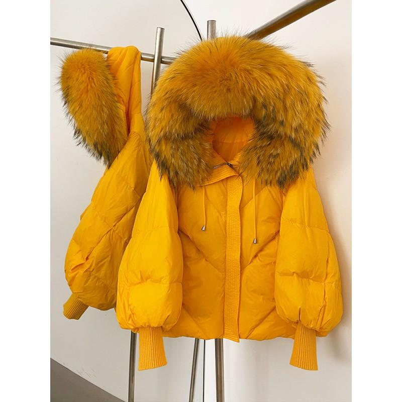 Womens Hooded Down Coat With Raccoon Fur Trim Knit Sleeve Loose Fit Mid-Length Warm Winter Jacket