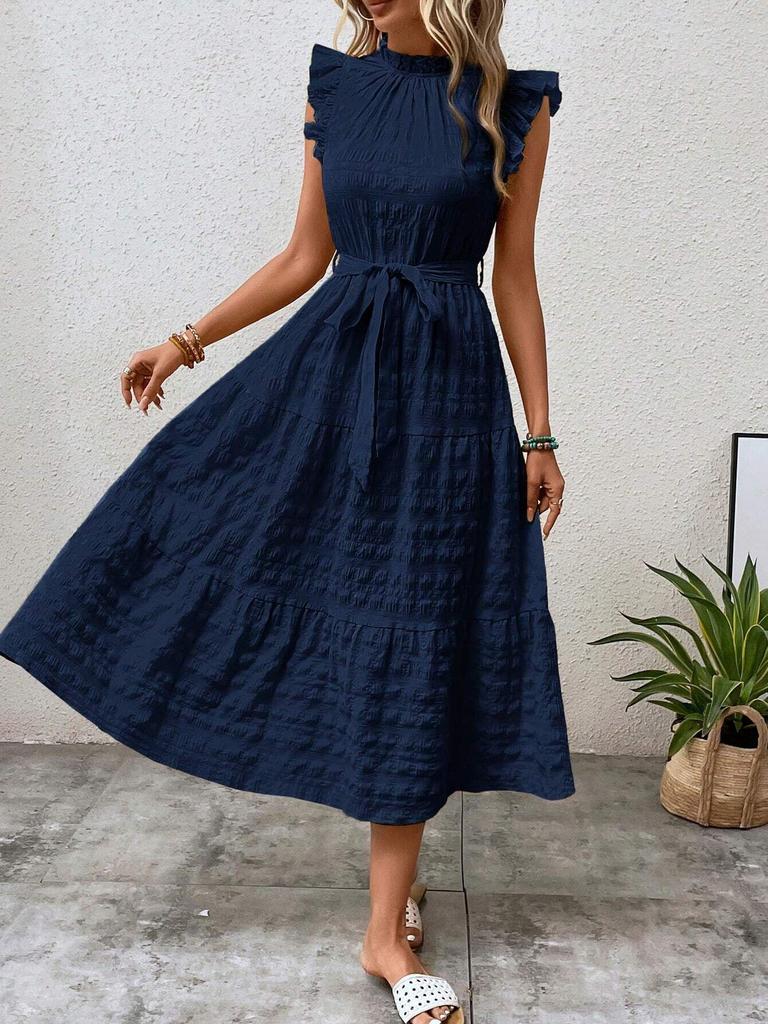 Women's summer new fashion fungus edge flying sleeves lace-up textured dress