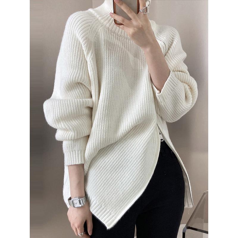 Lazy Style High Neck Zipper Solid Color High-end Knitted Sweater for Outerwear, Loose Long Sleeved Warm Top for Outerwear