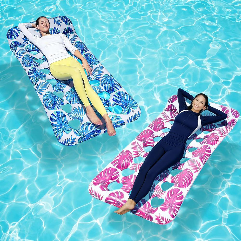 1pc Tropical Leaf Print Inflatable Pool Float Mat, Mesh Hole Water Floating Lounge Bed, for Summer Beach Party