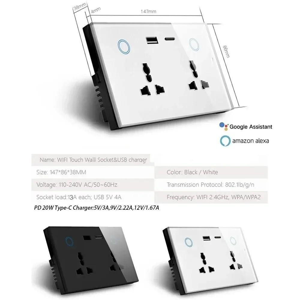 Smart WiFi Wall Socket with USB Socket Charger Smart Switch Outlet Plug 30W Touch Switch  Universal Power Socket