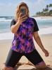 Plus Size Floral Swimwear - Two-Piece with Sun Protection Vest and Printed Briefs
