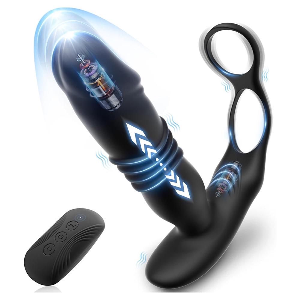 Blue Remote Control Anal Prostate Vibrator with Double Ring Lock and Telescopic Function
