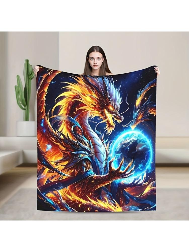 Vibrant Dragon King and Sky Ball Fleece Blanket - Ideal for Bedrooms, Dormitories, Cars, Outdoors, Sofas, Travel,offices,camping