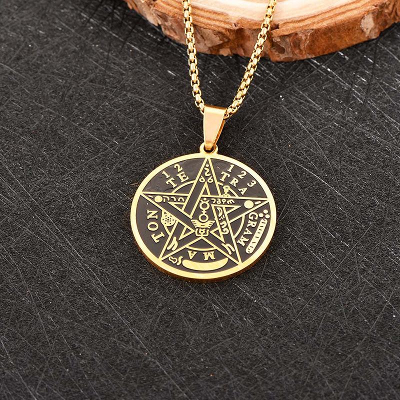 European and American pentagram Solomon seal Kabbalah amulet stainless steel hanging item men's titanium steel necklace jewelry