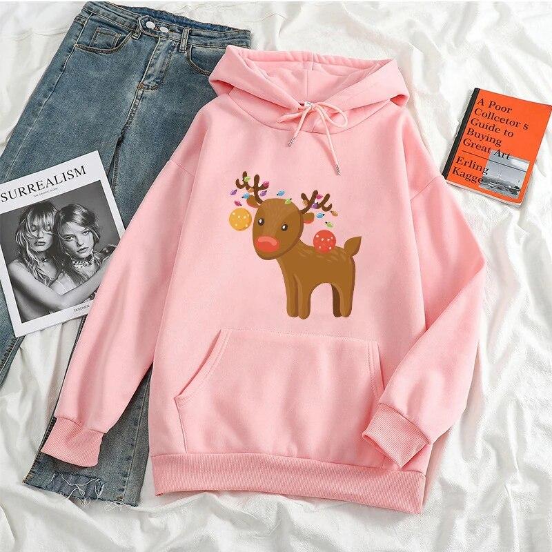 KAWAII Christmas Elk Hoodies Women Unisex Harajuku Fashion Xmas Streetwear Autumn Winte Warm Hooded Sweatshirts Pullover Ropa Mujer