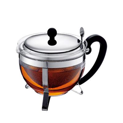 BODUM Teekanne Teebereiter CHAMBORD Teekanne 1000ml Silber Schwarztee Grüntee Chinesischer Tee Kräutertee Früchtetee Edelstahlfilter Glasbecher