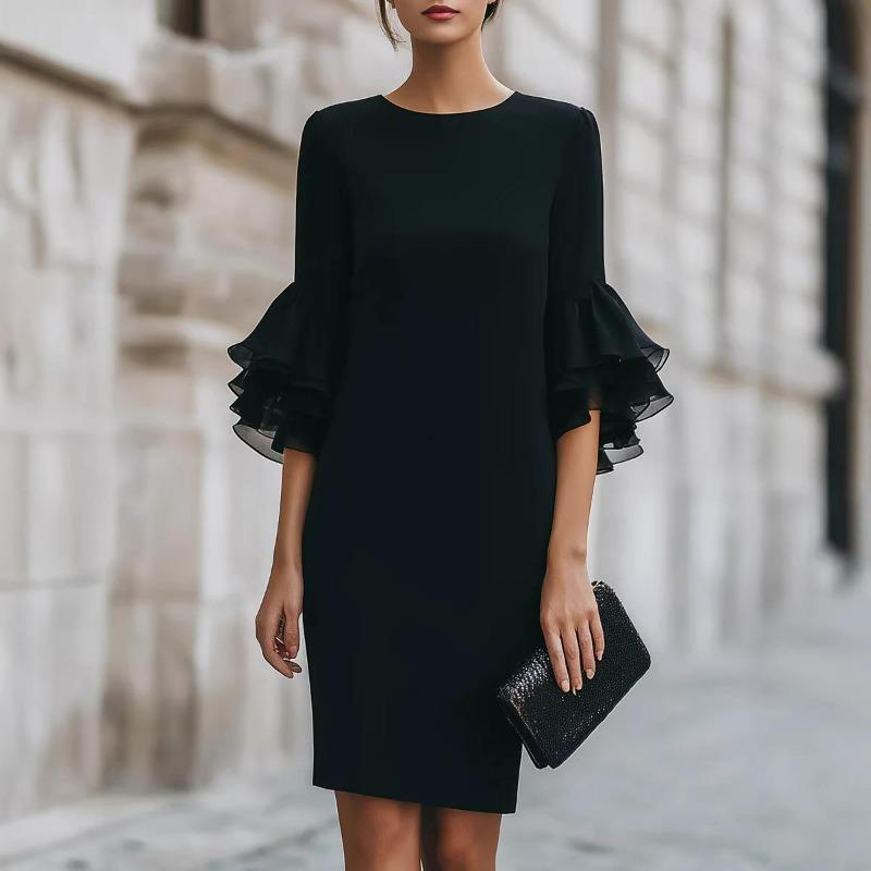 Women's Crew Neck Ruffle Bell Sleeve Mini Dress Loose Fit Elegant Party Dress