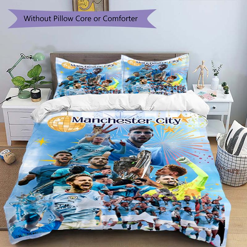3pcs Duvet Cover Set (1*Duvet Cover + 2*Pillowcase, Without Core),Manchester City FC Print Bedding Set, Bedroom Decor, All‑Season, Birthday Gift