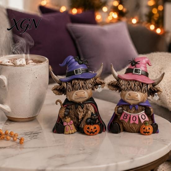 Halloween Table Decorations 2 Pcs Highland Cow Figurines, Boo Pumpkin Ghost Statue with Decorative Figurines Witch Hat, Wooden Scottish Ornament