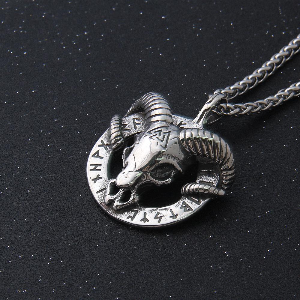 Norse Mythology Men Stainless Steel Nordic Viking Amulet Thor Goat Valknut Pendant Necklace Viking Goat Head Stainless Steel