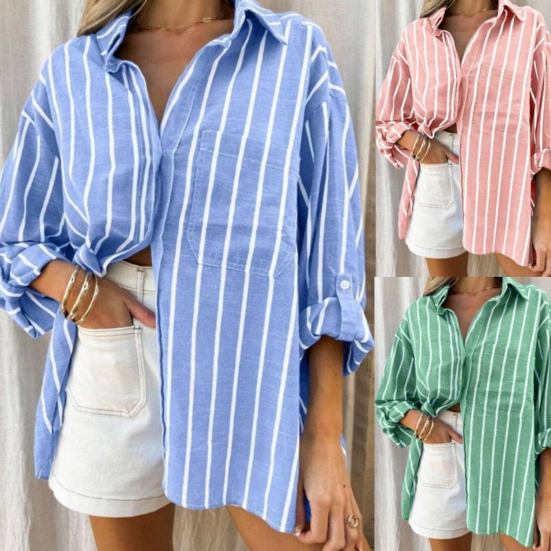 Women's New Style Striped Mid-Length Loose Shirt, Casual Fashion, Long-Sleeved