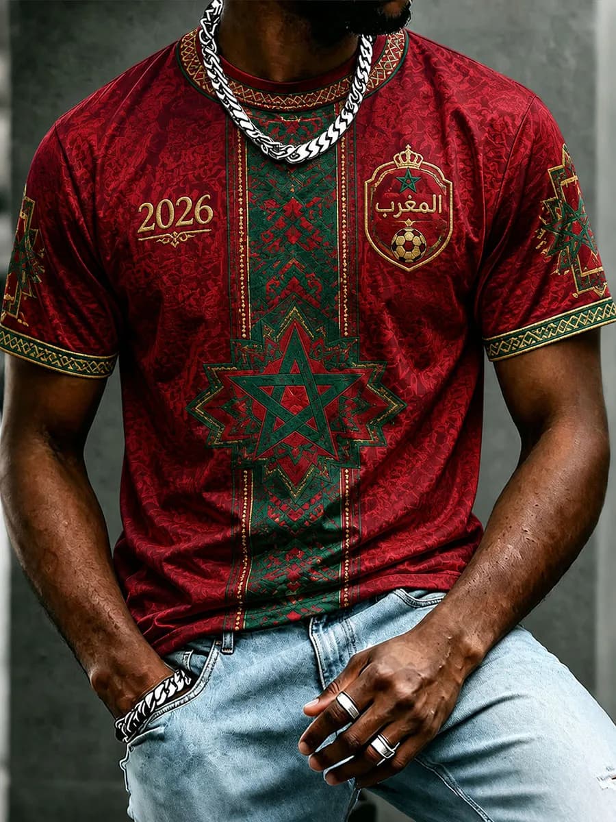 Huiteng12 2026 Marokko Voetbal Fans T-shirt Heren Rood Letterprint Korte Mouw T-shirt Team Voetbal Supporter Casual Sportshirt Top L