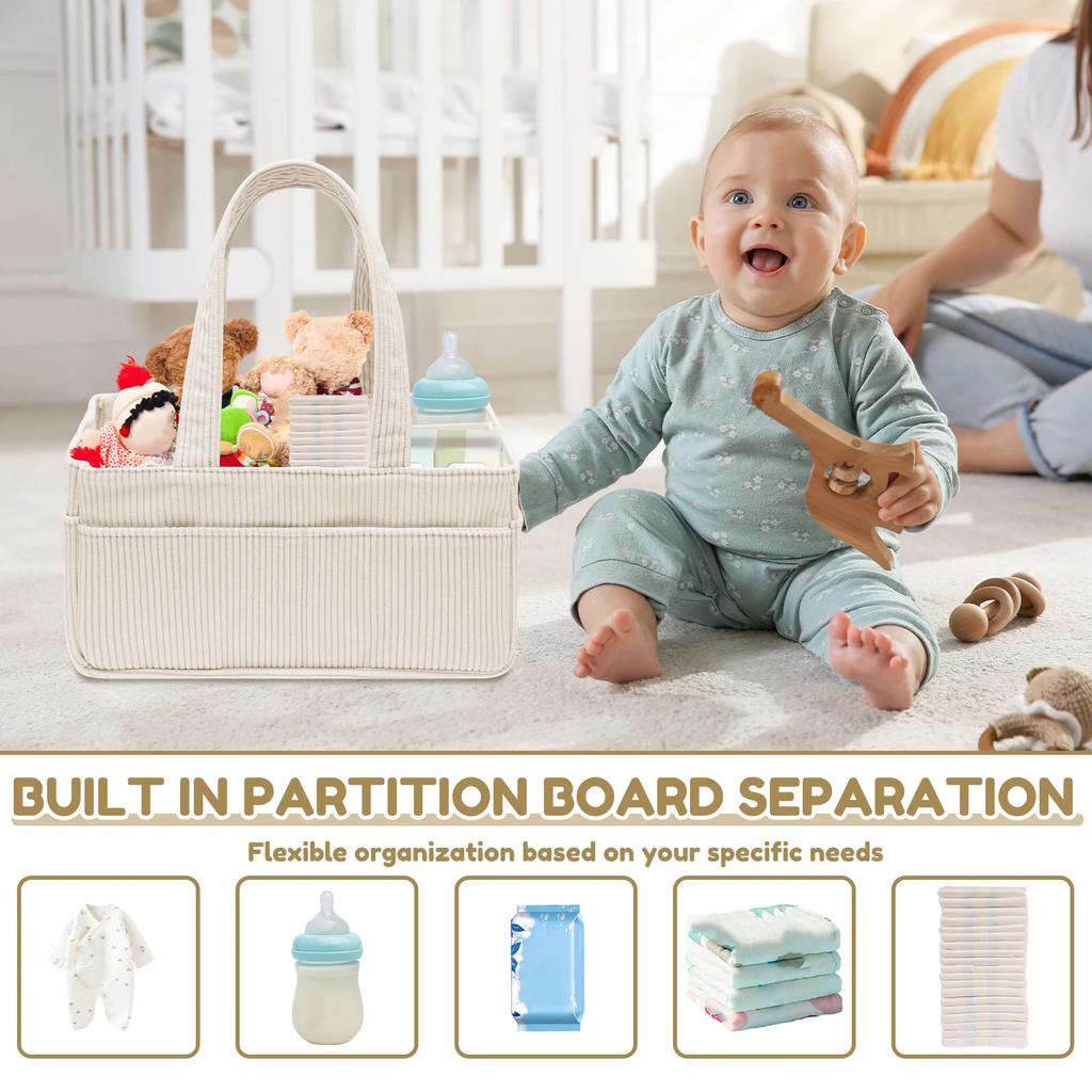 Organizador de Caddy para Pañales de Bebé Cesta de Almacenamiento de Pañales de Pana con Asa Plegable Multibolsillo Organizador de Almacenamiento de Pañales para Recién Nacidos