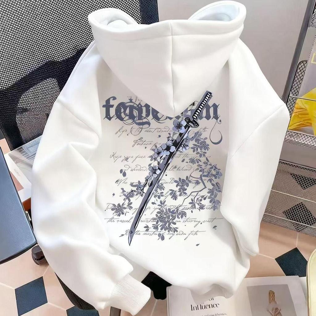 Męska bluza z kapturem w stylu vintage z nadrukiem miecza i kwiatów wiśni, z podszewką z polaru, luźny krój, modna kurtka jesienno-zimowa