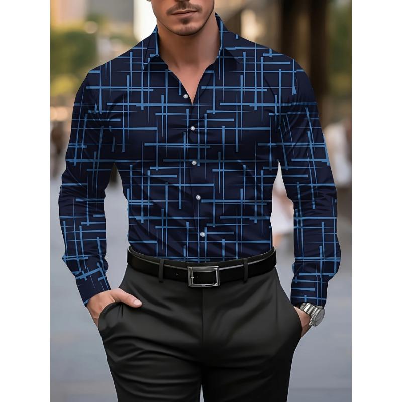 Men'S Stylish Geometric Print Long Sleeve Shirt Casual Button-Up with Lapel Collar,Perfect for Spring & Fall Pattern