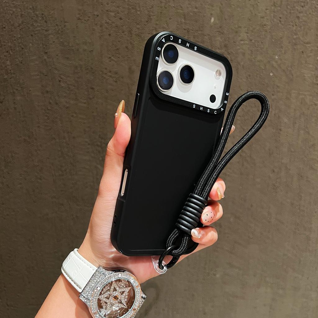 For iPhone 17 Pro Case Black Lens Frame Metal Paint Finish PC + TPU Phone Back Cover with Wrist Strap