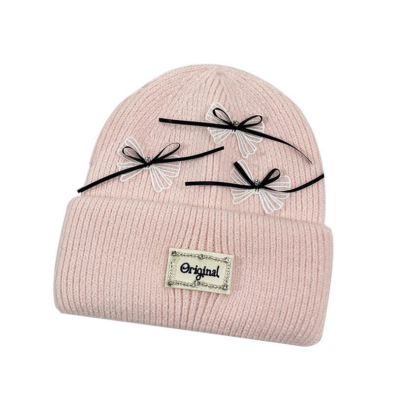 Japanese Sweet Bow Wool Hat for Women In Winter Versatile Big Head Circumference Warmth Thickened Soft and Glutinous Knitted Hat