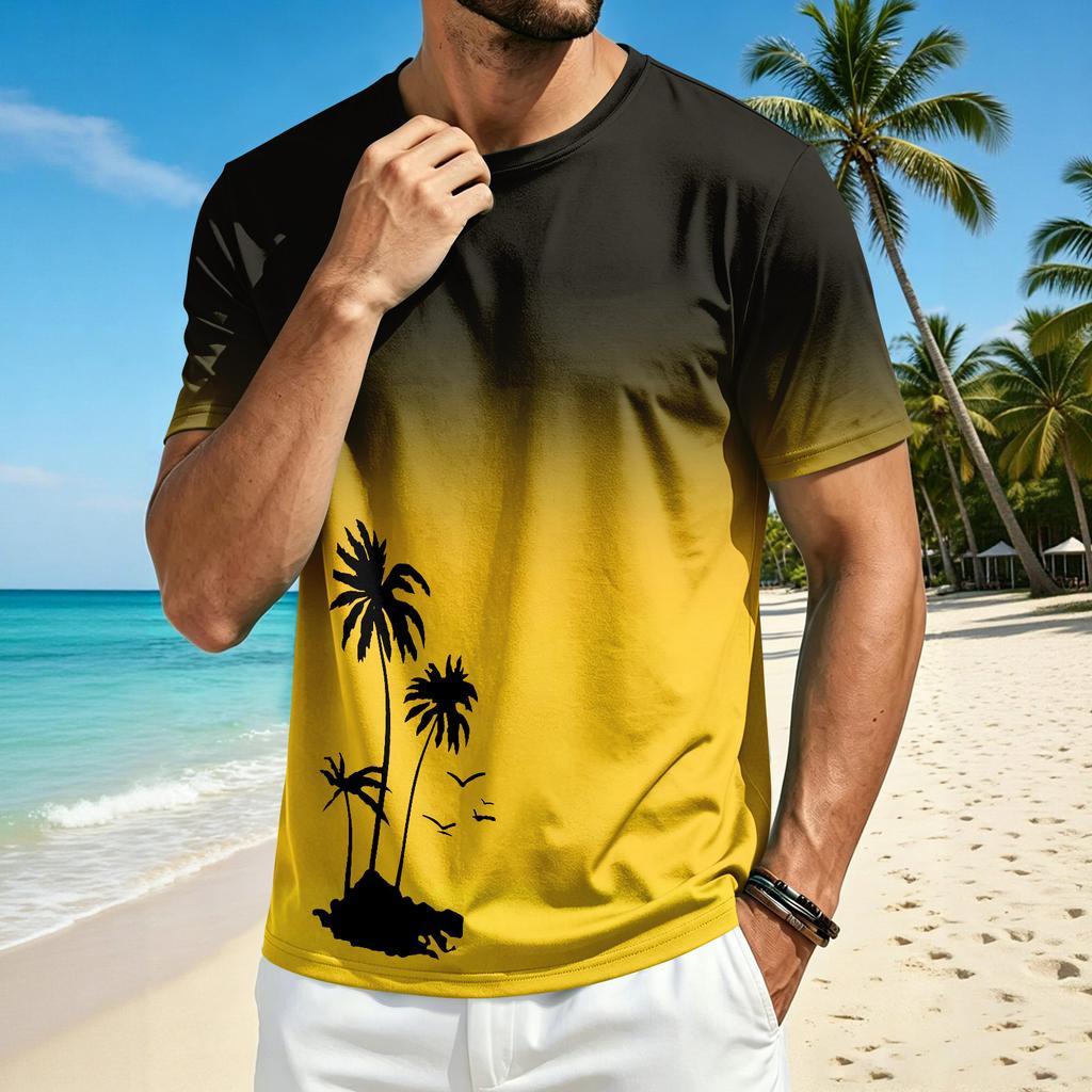 Men’s Summer Crew Neck Short Sleeve T Shirt with Hawaiian Print Casual Comfortable Fit Lightweight Top