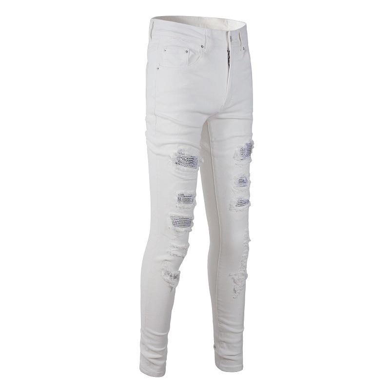 White Jeans High Street Broken Holes with Diamonds Jeans Men's Elastic Slim Jeans