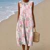 Sleeveless dress 26 new shrink pleated large version loose casual round neck digital printing - bamboo hemp