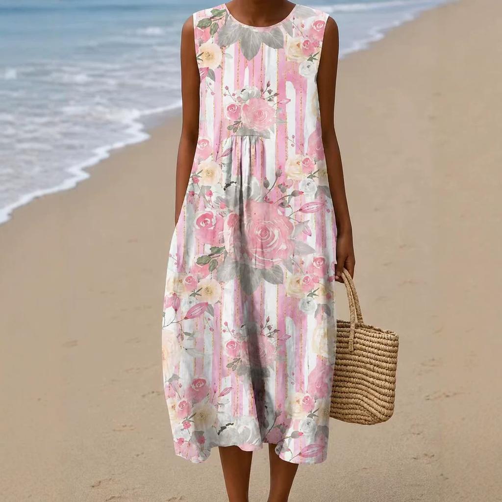 Sleeveless dress 26 new shrink pleated large version loose casual round neck digital printing - bamboo hemp