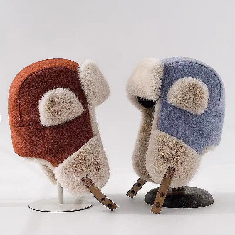Korean Style Plus Velvet Hat for Men and Women Outdoor Cycling Warm and Windproof Imitation Rabbit Fur Thickened Ear Protection Ski Thunder Hat