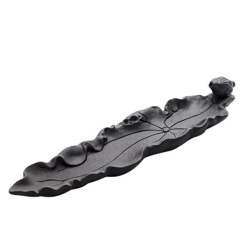 Black Pottery Lotus Leaf & Flower Ceramic Incense Holder - Creative Ruyi Buddha Design for Home Decor