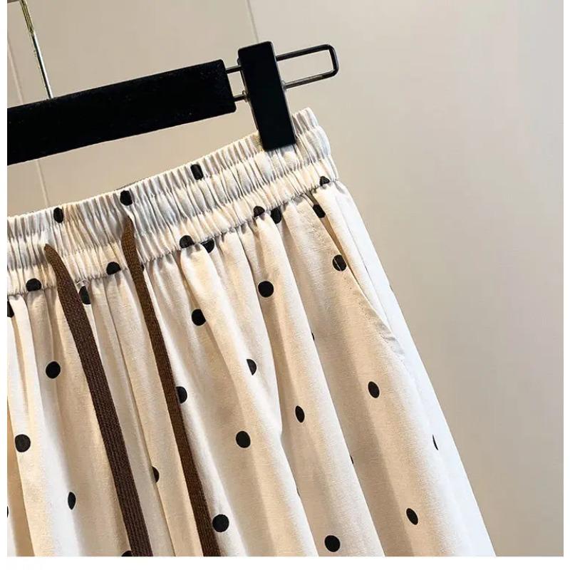 2026 Summer Cotton Linen Polka Dot Trousers Women's Loose Wide Leg Versatile Nine Point Harem Pants Korean Version Lantern Pants