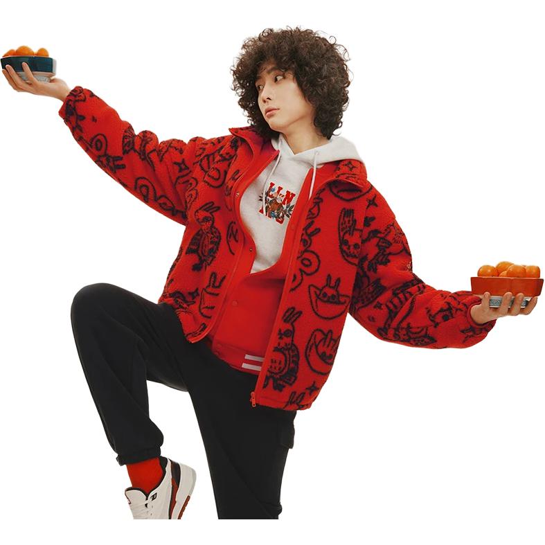 Li-Ning Daily Progress Cartoon Pattern Lamb Velvet Sports Jacket Unisex Jackets Red AFDT007-2