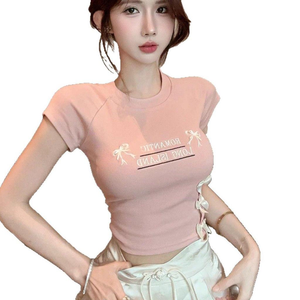 2025 Lato Szykowna Kokarda Różowa Ażurowa Koszulka z Krótkim Rękawem dla Kobiet