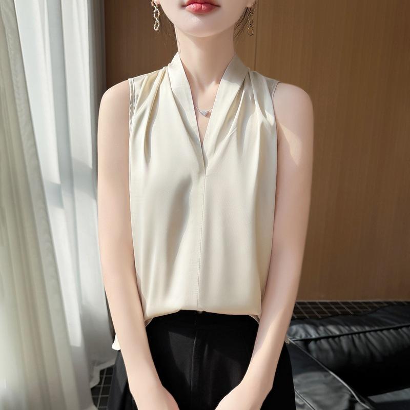 Silk satin vest suspender women's spring and summer new short loose V-neck solid color pullover sleeveless T-shirt top
