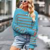 Ladies Autumn Winter Lantern Sleeve Round Collar Striped Pullover Warm Knitted Sweater Knitwear Top
