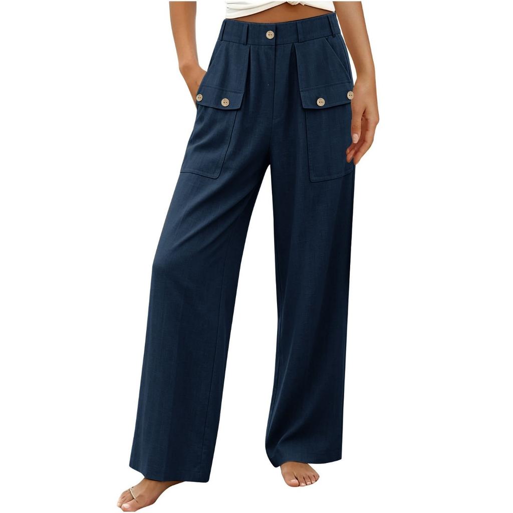 New Women's Casual Summer Cotton Linen Trousers Solid Color Button High Waist Straight Wide Leg Pants