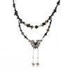 Chinese Butterfly Gravel Beaded Double-Layer Necklace with Tassels - Women's Retro Style Clavicle Chain