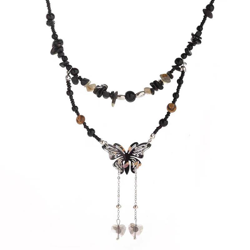 Chinese Butterfly Gravel Beaded Double-Layer Necklace with Tassels - Women's Retro Style Clavicle Chain