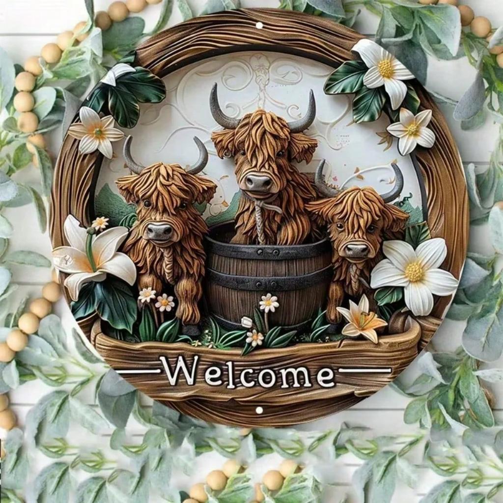 Vintage Highland Cow Lily Flower Metal Tin Sign UV Resistant Indoor Outdoor Wall Decor