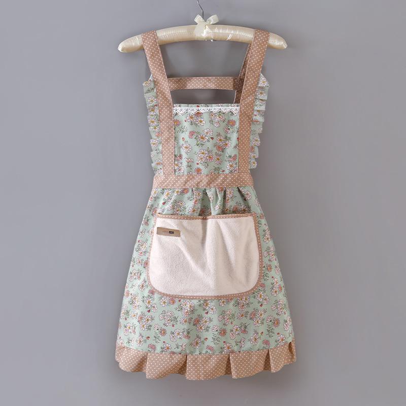Floral Large Pocket Canvas Cotton Apron Kitchen Home Wipeable Hand Strap