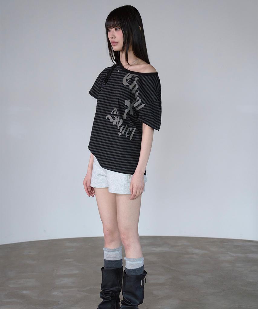 PRENDA Ribbon Tie Eyelet Striped Tee Black